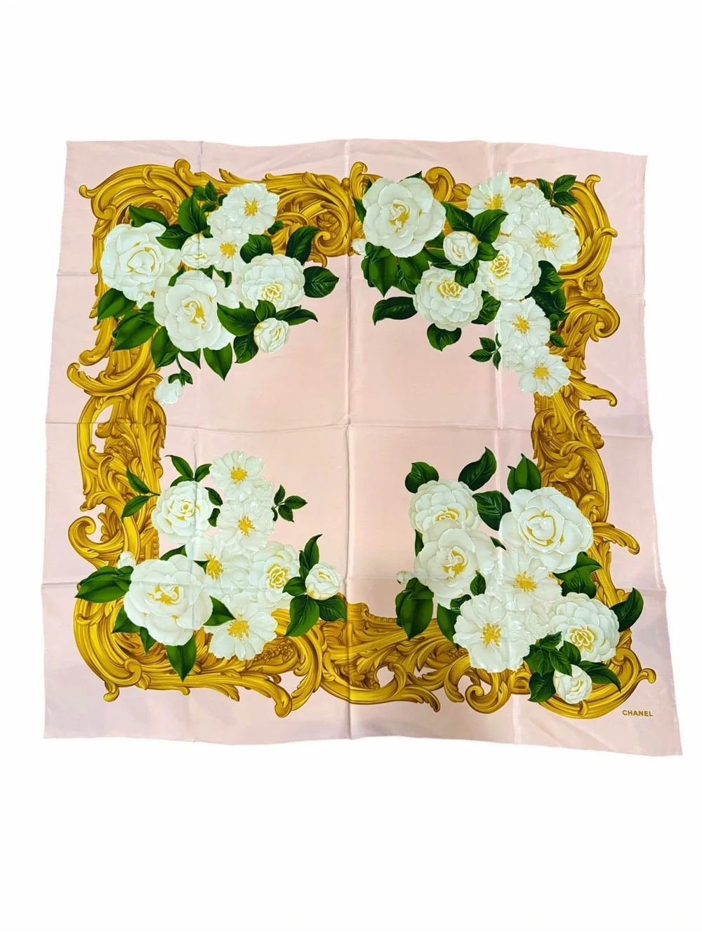 CHANEL Vintage Pink Silk Scarf with White Camellias and Gold Scroll Border